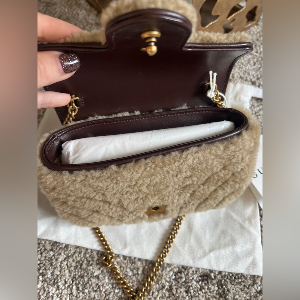 Gucci GG 2.0 Mini Marmot Leather Trimmed Tan Shearling with Gold Chain Bag - Picture 11 of 15